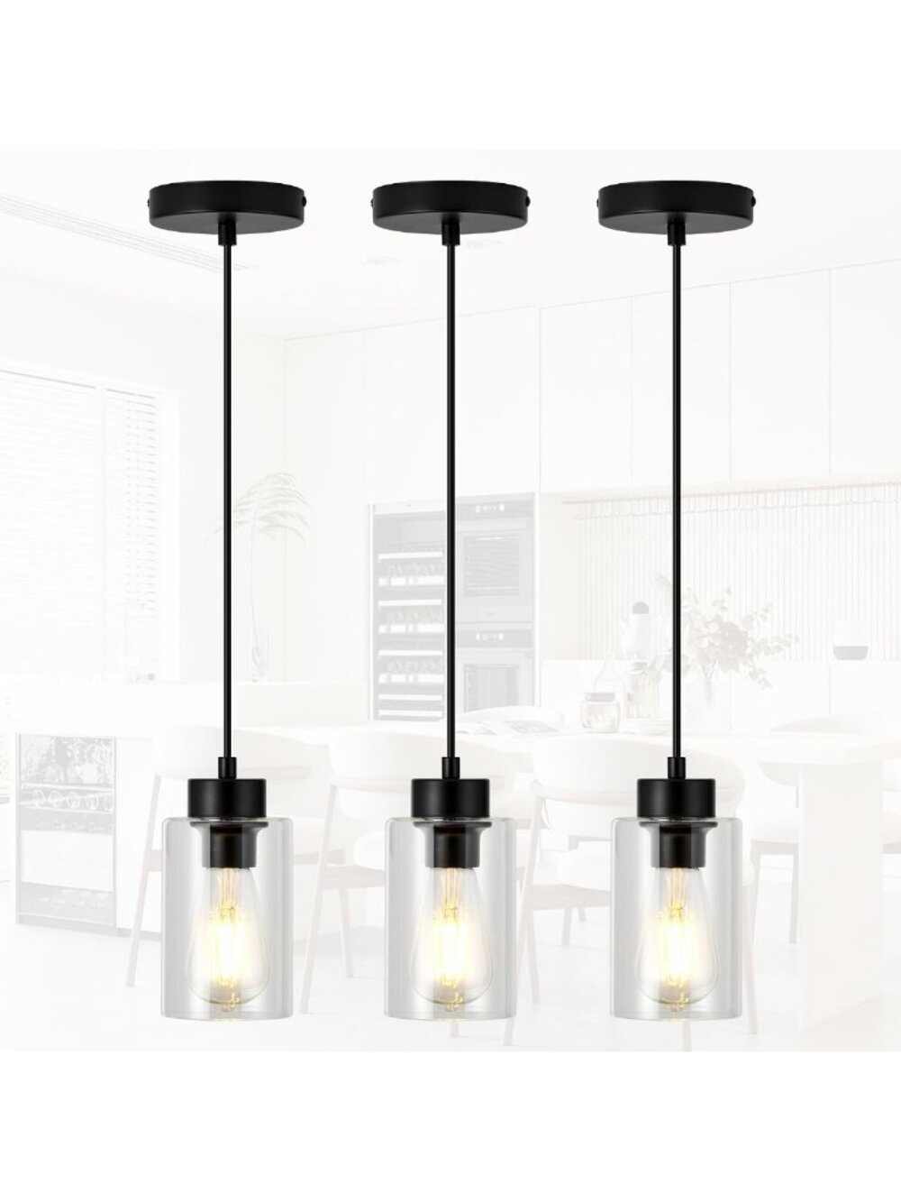 Modern Black Pendant Lights 3-Pack, Clear Glass Globe Shades for Kitchen & Bath